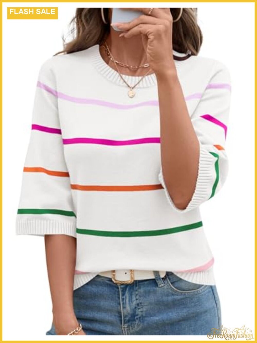LOMON Womens Sweater 3/4 Sleeve Crew Neck Striped Lightweight Knit Pullover